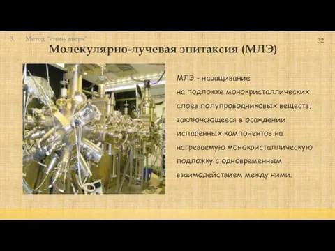 Молекулярно-лучевая эпитаксия (МЛЭ) 32 МЛЭ - наращивание на подложке монокристаллических слоев