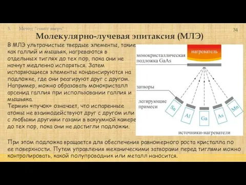 Молекулярно-лучевая эпитаксия (МЛЭ) 34 В МЛЭ ультрачистые твердые элементы, такие как