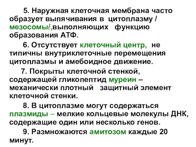 5. Наружная клеточная мембрана часто образует выпячивания в цитоплазму / мезосомы/,выполняющих