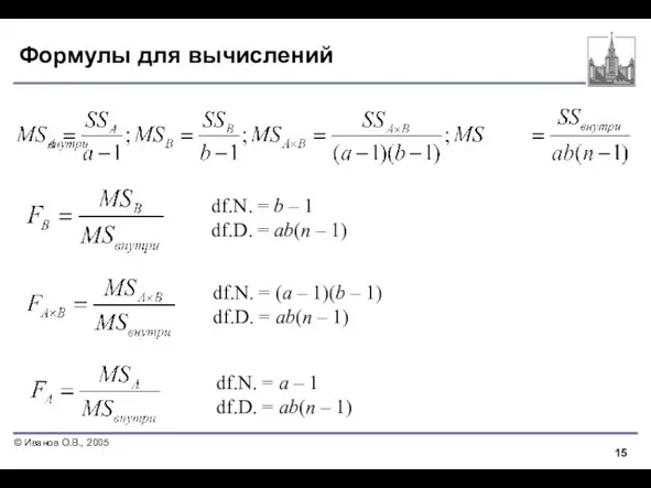 Формулы для вычислений df.N. = a – 1 df.D. = ab(n