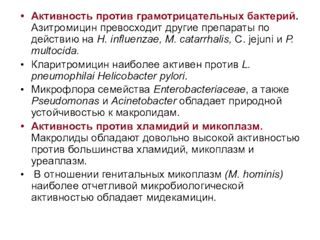 Активность против грамотрицательных бактерий. Азитромицин превосходит другие препараты по действию на