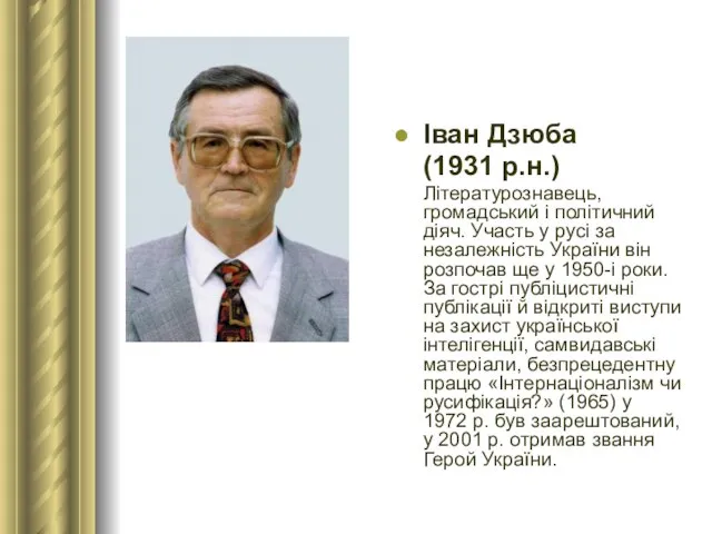 Іван Дзюба (1931 р.н.) Літературознавець, громадський і політичний діяч. Участь у