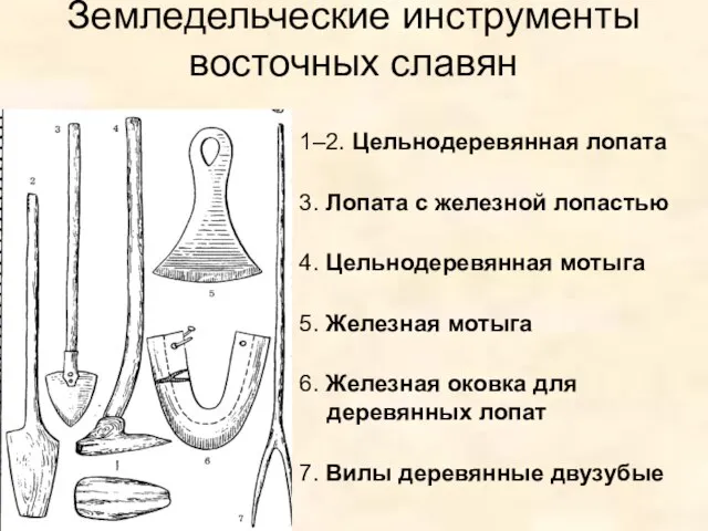 Земледельческие инструменты восточных славян 1–2. Цельнодеревянная лопата 3. Лопата с железной