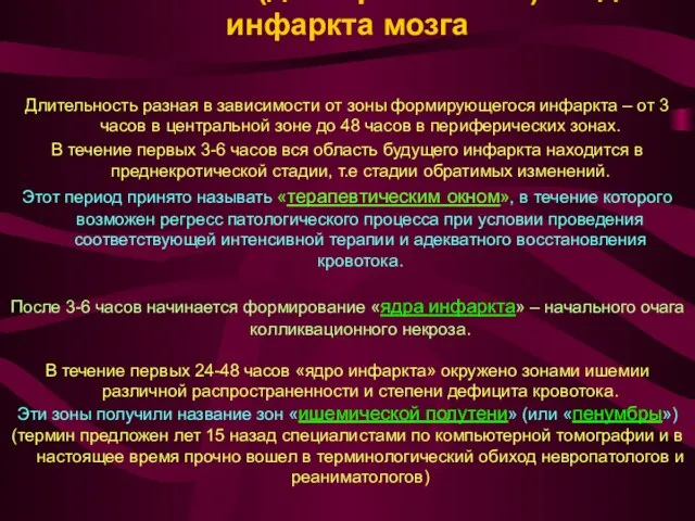 Ишемическая (донекротическая) стадия инфаркта мозга Длительность разная в зависимости от зоны