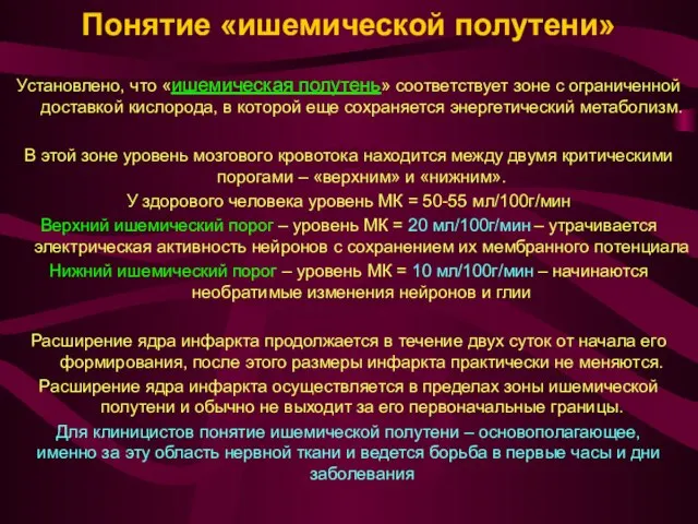 Понятие «ишемической полутени» Установлено, что «ишемическая полутень» соответствует зоне с ограниченной