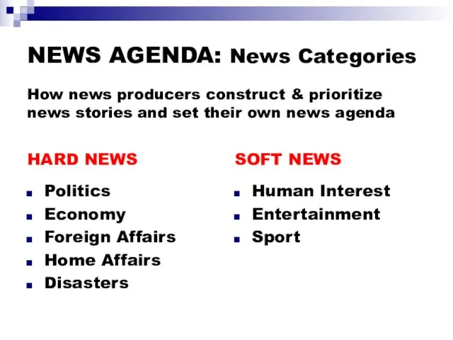 NEWS AGENDA: News Categories HARD NEWS Politics Economy Foreign Affairs Home