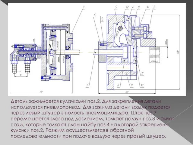 Деталь зажимается кулачками поз.2. Для закрепления детали используется пневмопривод. Для зажима