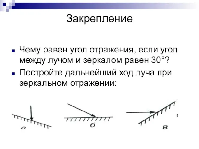 Закрепление Чему равен угол отражения, если угол между лучом и зеркалом