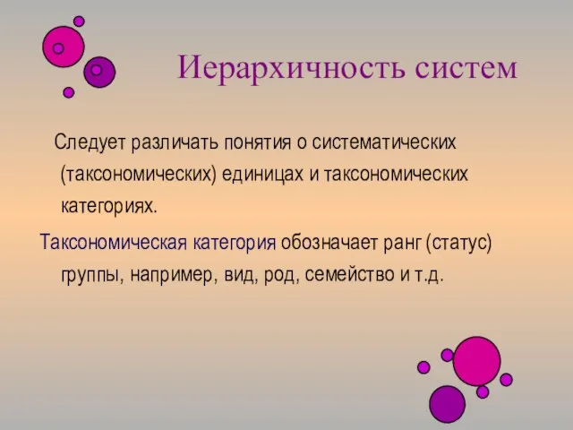 Иерархичность систем Следует различать понятия о систематических (таксономических) единицах и таксономических