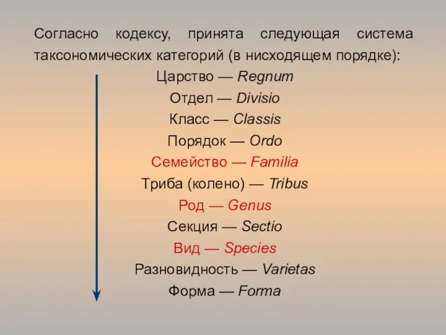 Согласно кодексу, принята следующая система таксономических категорий (в нисходящем порядке): Царство