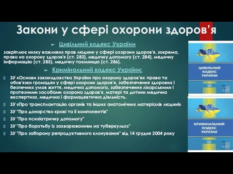 Закони у сфері охорони здоров’я Цивільний кодекс України закріплює низку важливих