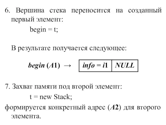 6. Вершина стека переносится на созданный первый элемент: begin = t;