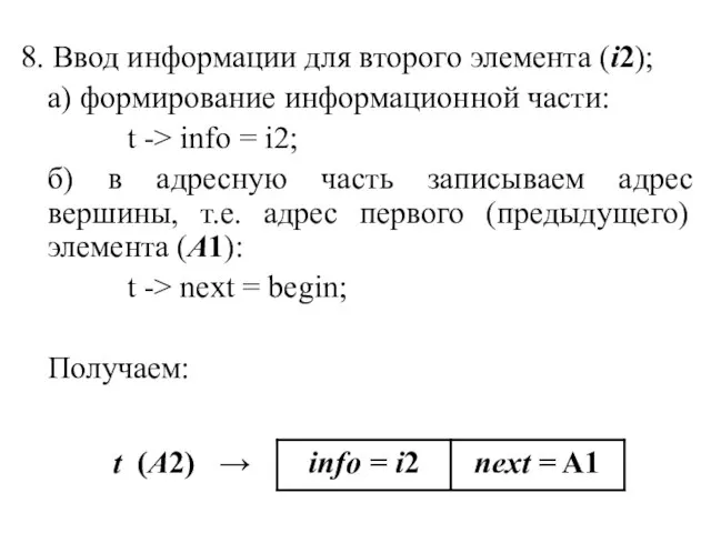 8. Ввод информации для второго элемента (i2); а) формирование информационной части: