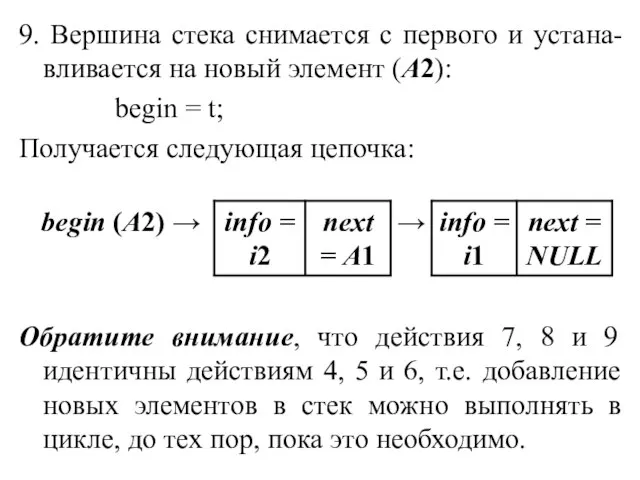 9. Вершина стека снимается с первого и устана-вливается на новый элемент