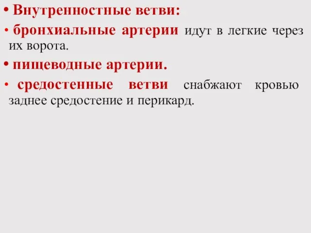 Внутренностные ветви: бронхиальные артерии идут в легкие через их ворота. пищеводные