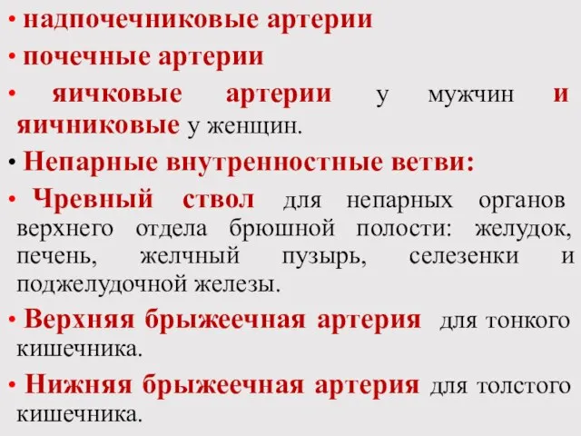 надпочечниковые артерии почечные артерии яичковые артерии у мужчин и яичниковые у