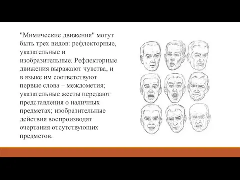 "Мимические движения" могут быть трех видов: рефлекторные, указательные и изобразительные. Рефлекторные