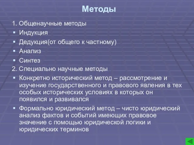 Методы 1. Общенаучные методы Индукция Дедукция(от общего к частному) Анализ Синтез