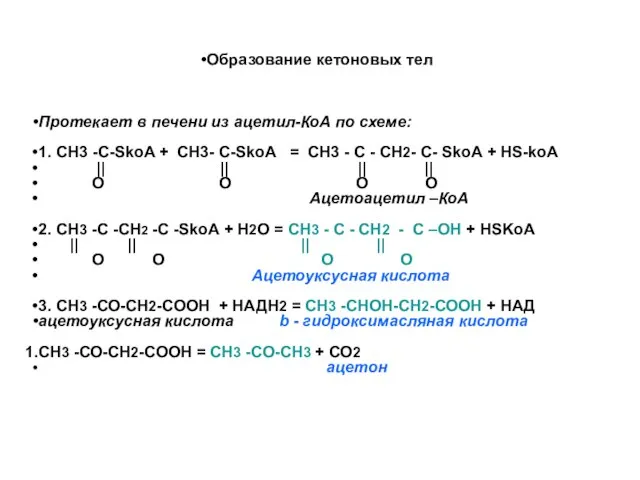 Образование кетоновых тел Протекает в печени из ацетил-КоА по схеме: 1.