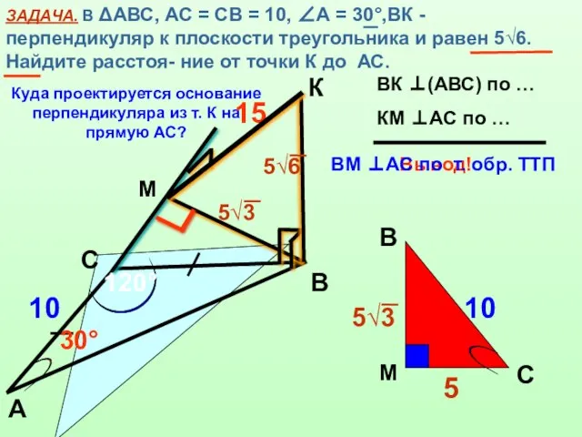 ЗАДАЧА. В ΔАВС, АС = СВ = 10, ∠А = 30°,ВК