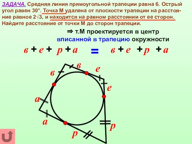 ЗАДАЧА. Средняя линия прямоугольной трапеции равна 6. Острый угол равен 30°.