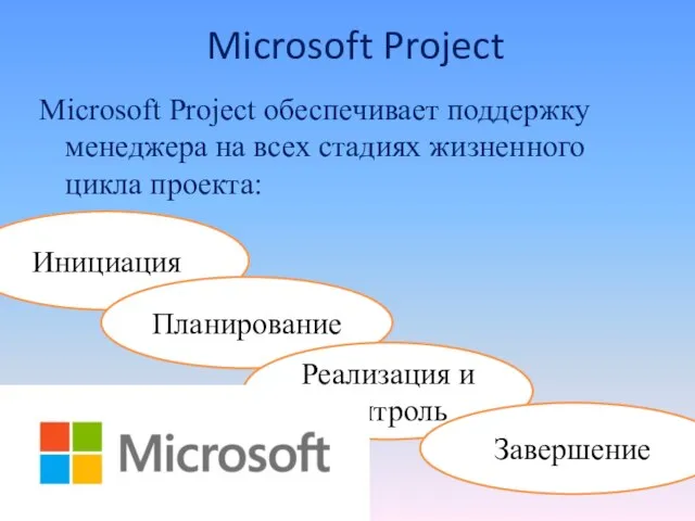 Microsoft Project Microsoft Project обеспечивает поддержку менеджера на всех стадиях жизненного