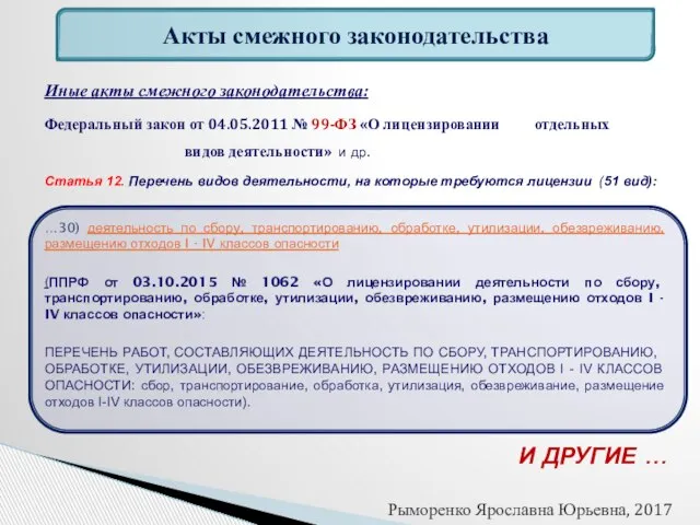 Иные акты смежного законодательства: Федеральный закон от 04.05.2011 № 99-ФЗ «О