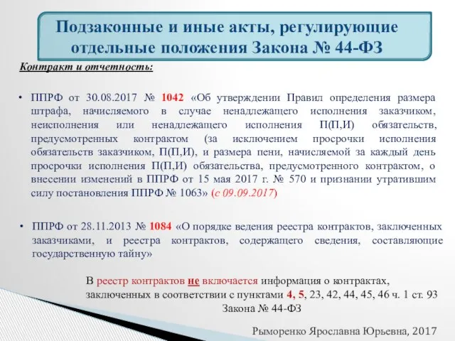 Подзаконные и иные акты, регулирующие отдельные положения Закона № 44-ФЗ Контракт