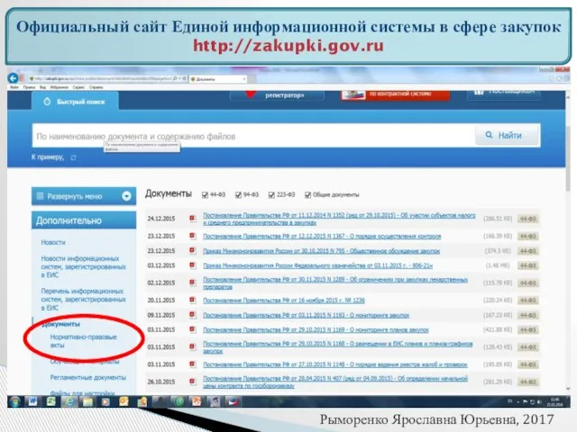 Официальный сайт Единой информационной системы в сфере закупок http://zakupki.gov.ru Рыморенко Ярославна Юрьевна, 2017