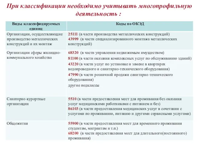 При классификации необходимо учитывать многопрофильную деятельность :