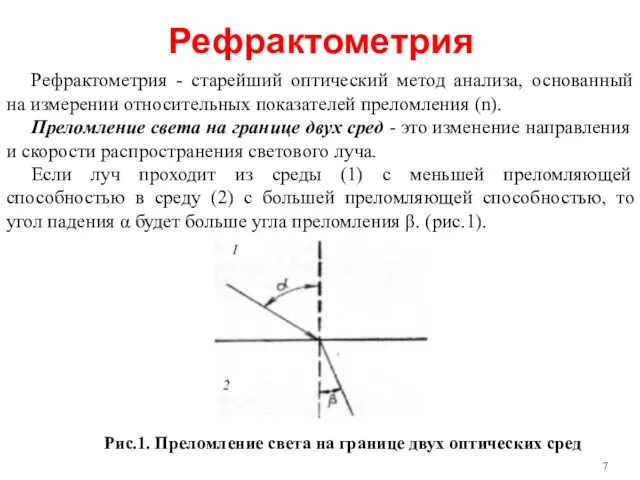 Рефрактометрия Рефрактометрия - старейший оптический метод анализа, основанный на измерении относительных