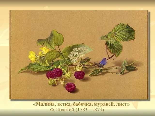 «Малина, ветка, бабочка, муравей, лист» Ф. Толстой (1783 - 1873)