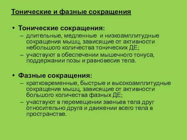 Тонические и фазные сокращения Тонические сокращения: длительные, медленные и низкоамплитудные сокращения