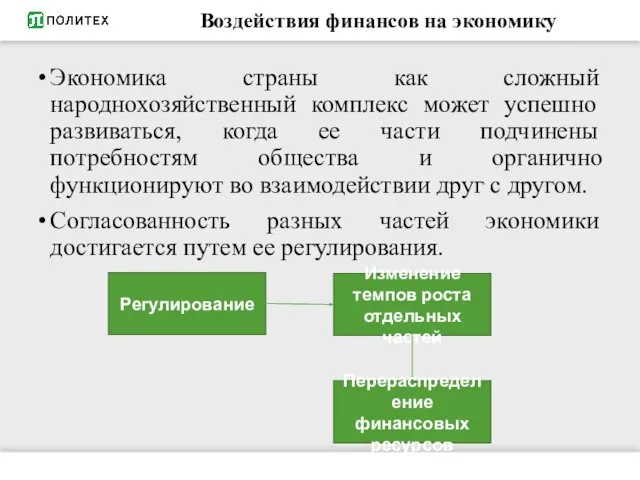 Воздействия финансов на экономику Экономика страны как сложный народнохозяйственный комплекс может