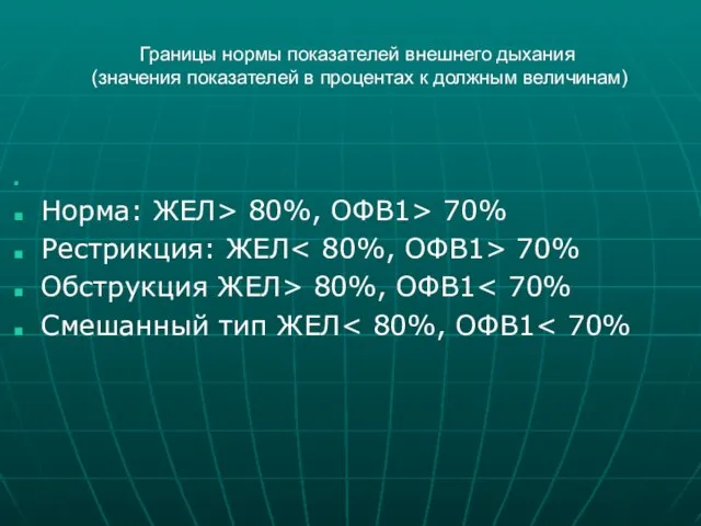 Границы нормы показателей внешнего дыхания (значения показателей в процентах к должным