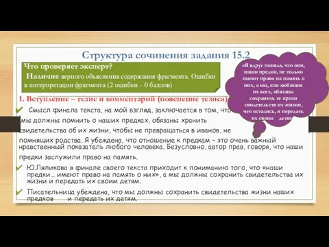 Структура сочинения задания 15.2 1. Вступление – тезис и комментарий (пояснение