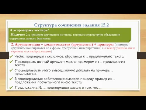 Структура сочинения задания 15.2 2. Аргументация – доказательства (аргументы) + примеры