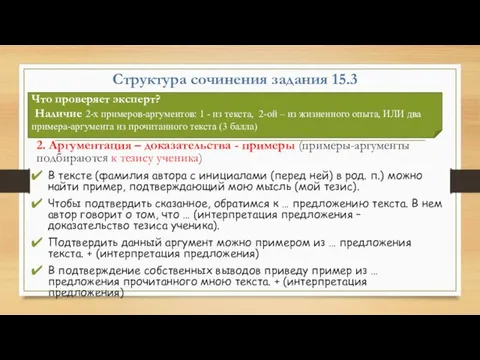 Структура сочинения задания 15.3 2. Аргументация – доказательства - примеры (примеры-аргументы