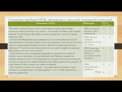 Сочинение (пробный ОГЭ), проверенное городской экспертной комиссией