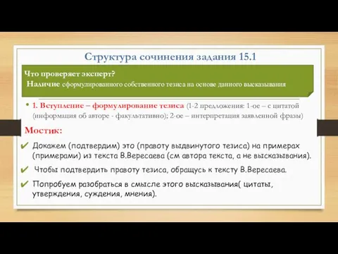 Структура сочинения задания 15.1 1. Вступление – формулирование тезиса (1-2 предложения: