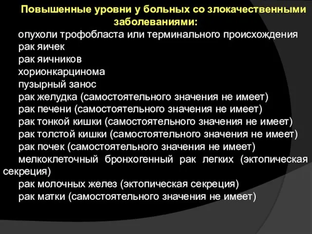 Повышенные уровни у больных со злокачественными заболеваниями: опухоли трофобласта или терминального