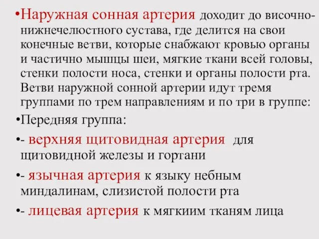 Наружная сонная артерия доходит до височно-нижнечелюстного сустава, где делится на свои