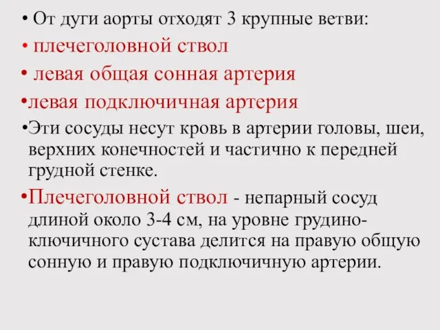 От дуги аорты отходят 3 крупные ветви: плечеголовной ствол левая общая