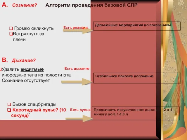 С. Кровообращение? А. Сознание? Громко окликнуть Встряхнуть за плечи В. Дыхание?