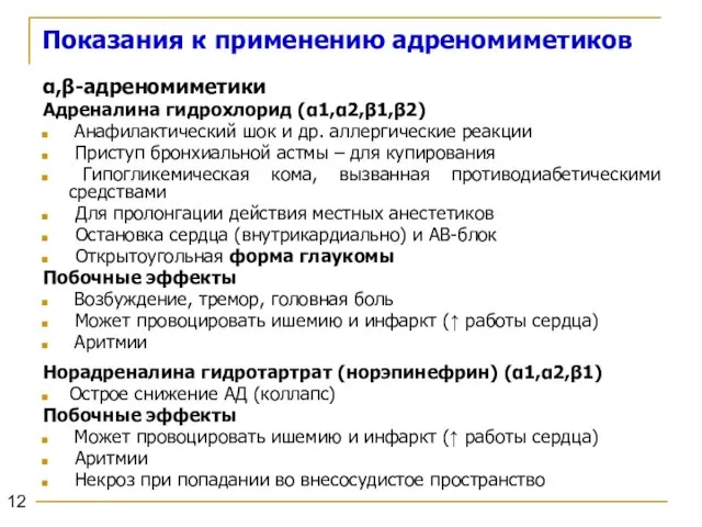 Показания к применению адреномиметиков α,β-адреномиметики Адреналина гидрохлорид (α1,α2,β1,β2) Анафилактический шок и