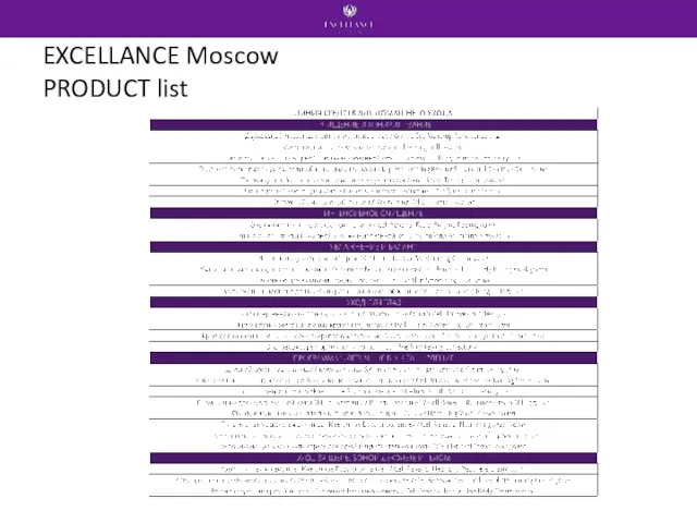 EXCELLANCE Moscow PRODUCT list