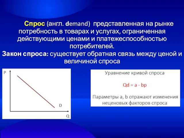 Спрос (англ. demand) представленная на рынке потребность в товарах и услугах,