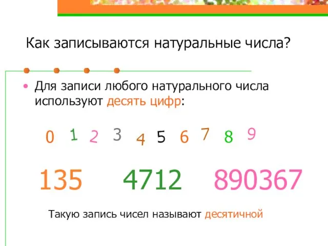 Как записываются натуральные числа? Для записи любого натурального числа используют десять