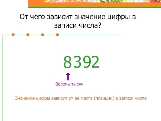 От чего зависит значение цифры в записи числа? 3 8 2