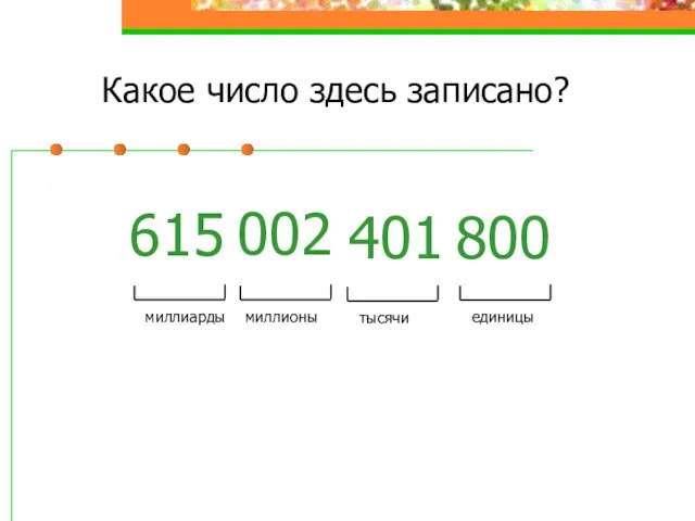 Какое число здесь записано? 615 002 401 800 единицы тысячи миллионы миллиарды